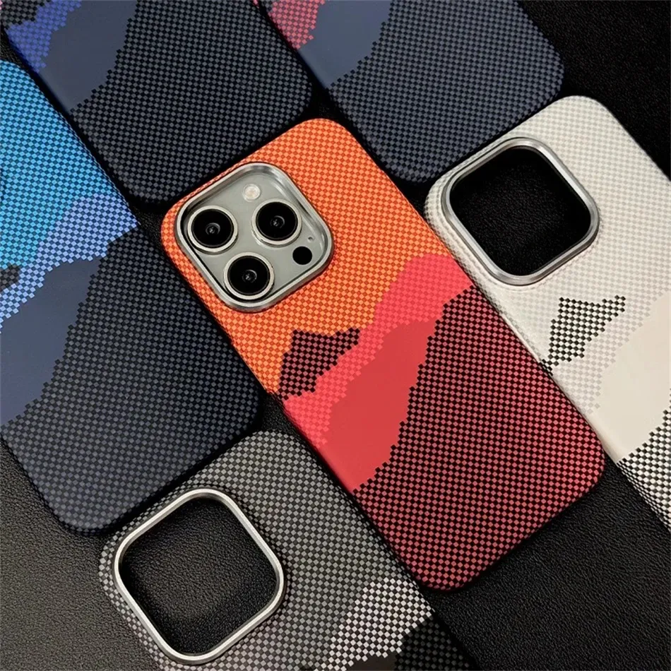 Color: Beige, Material: Nylon - Luxury Alloy Lens 3D Relief Peak Carbon Fibre Pattern Case For iPhone 13 14 15 16 Pro Max Slim Shockproof PC Cover For Magsafe