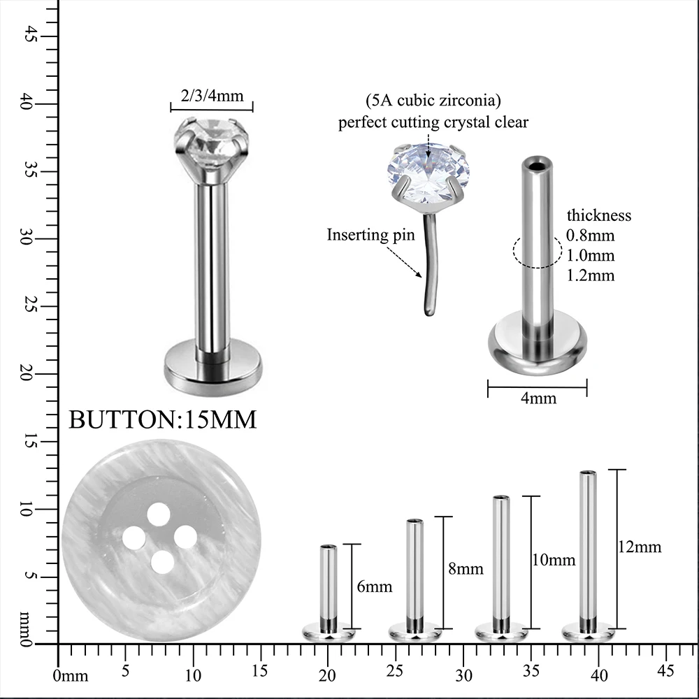 Metal color: Light Yellow Color, Ships From: CHINA, Main Stone Color: Clear - 10PCS G23 Titanium Lip Ring Labret Piercing Stud Earring CZ 16/18/20G Push Pin Ear Tragus Cartilage Helix Conch Pierc? Jewelry