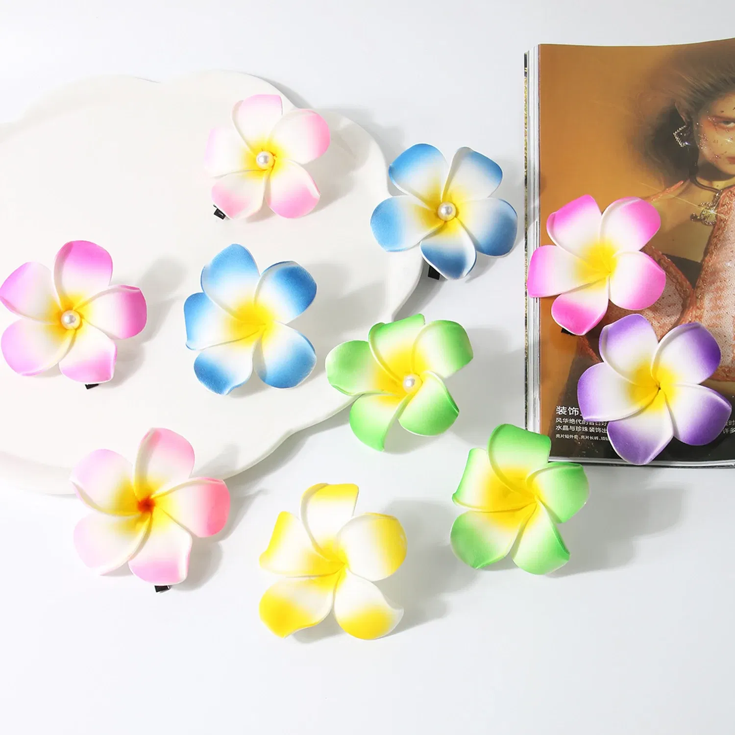 Color: Red - 5.5/7/8/9cm Plumeria Flower Hair Clips For Girls Women Hairpins Egg Flower Barrette Hawaiian Wedding Artificial Headwear