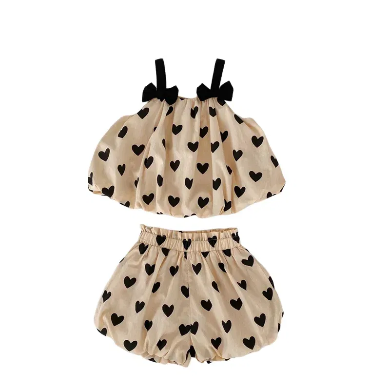 Color: Khaki, Kid Size: 24M - Summer 2PCS Heart Print Cotton Baby Girls Suits Sleeveless Bow Double Layer Apricot Strap Top Toddler Shorts Set, Versatile