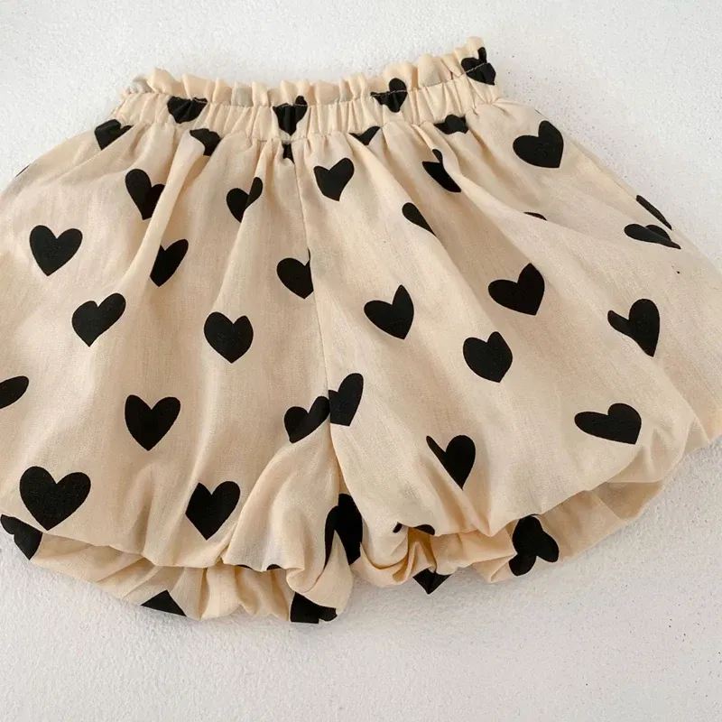 Color: Khaki, Kid Size: 24M - Summer 2PCS Heart Print Cotton Baby Girls Suits Sleeveless Bow Double Layer Apricot Strap Top Toddler Shorts Set, Versatile