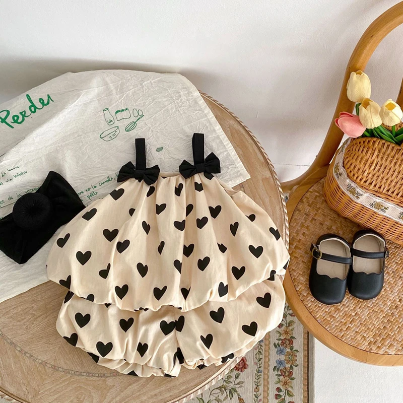 Color: Khaki, Kid Size: 24M - Summer 2PCS Heart Print Cotton Baby Girls Suits Sleeveless Bow Double Layer Apricot Strap Top Toddler Shorts Set, Versatile