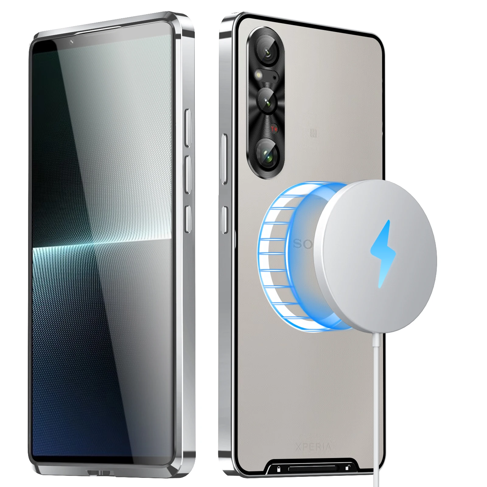 Color: Silver, Material: ABS - Metal Alloy Magnetic Case For Sony Xperia 1 V 10 IV iii 5 V Aluminum Bumper Frame Clear Transparent Wireless Charger Cover