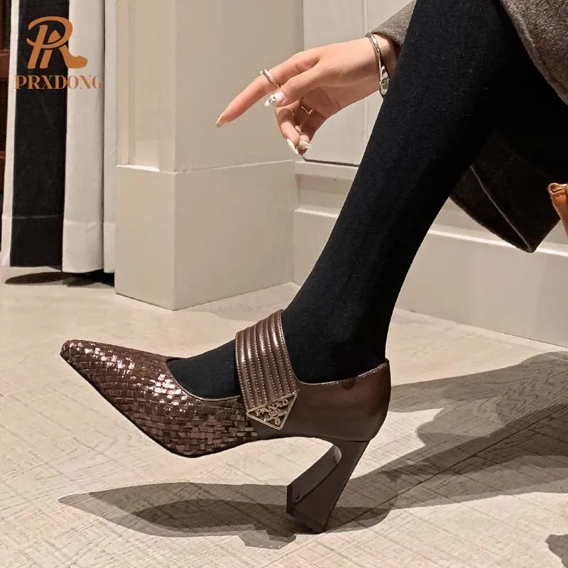 Color: Brown, Shoe Size: 33 - PRXDONG Genuine Leather Women Pumps 2025 New Spring Summer High Heels Pointed toe Black Brown Dress Party Female Shoes Size 40