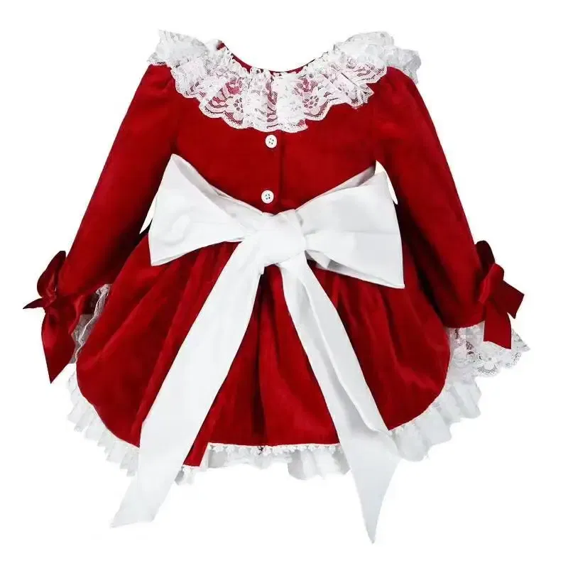 Kid Size: 6T - 4PCS Baby Girl Autumn Winter Spring Red Velvet Vintage Spanish Princess Dress Lolita Christmas Birthday Wedding Party C1