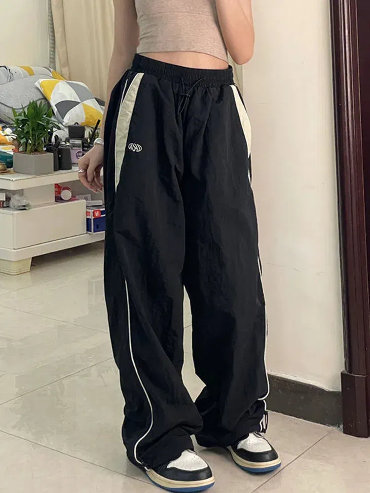 Color: black, Size: XXL - Women Spring Retro Solid Loose Drawstring Trousers Casual Joggers Baggy Wide Leg Sweatpants Mid Waist Sporty Y2k Female Clothes