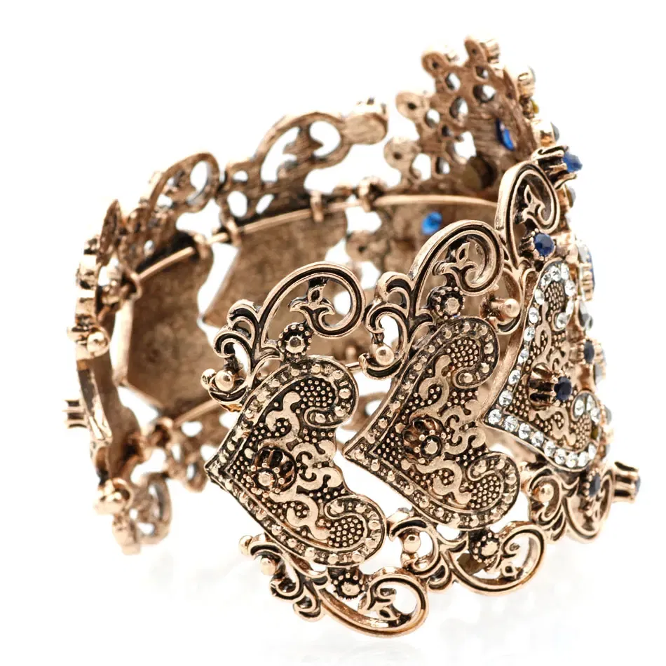 Metal Color: Antique Silver Plated, Diameter: 58-60mm - Sunspicems Charm Retro Indian Bangle Cuff Bracelet For Women Gold Color Turkish Big Bracelet Bride Wedding Jewelry Accessories