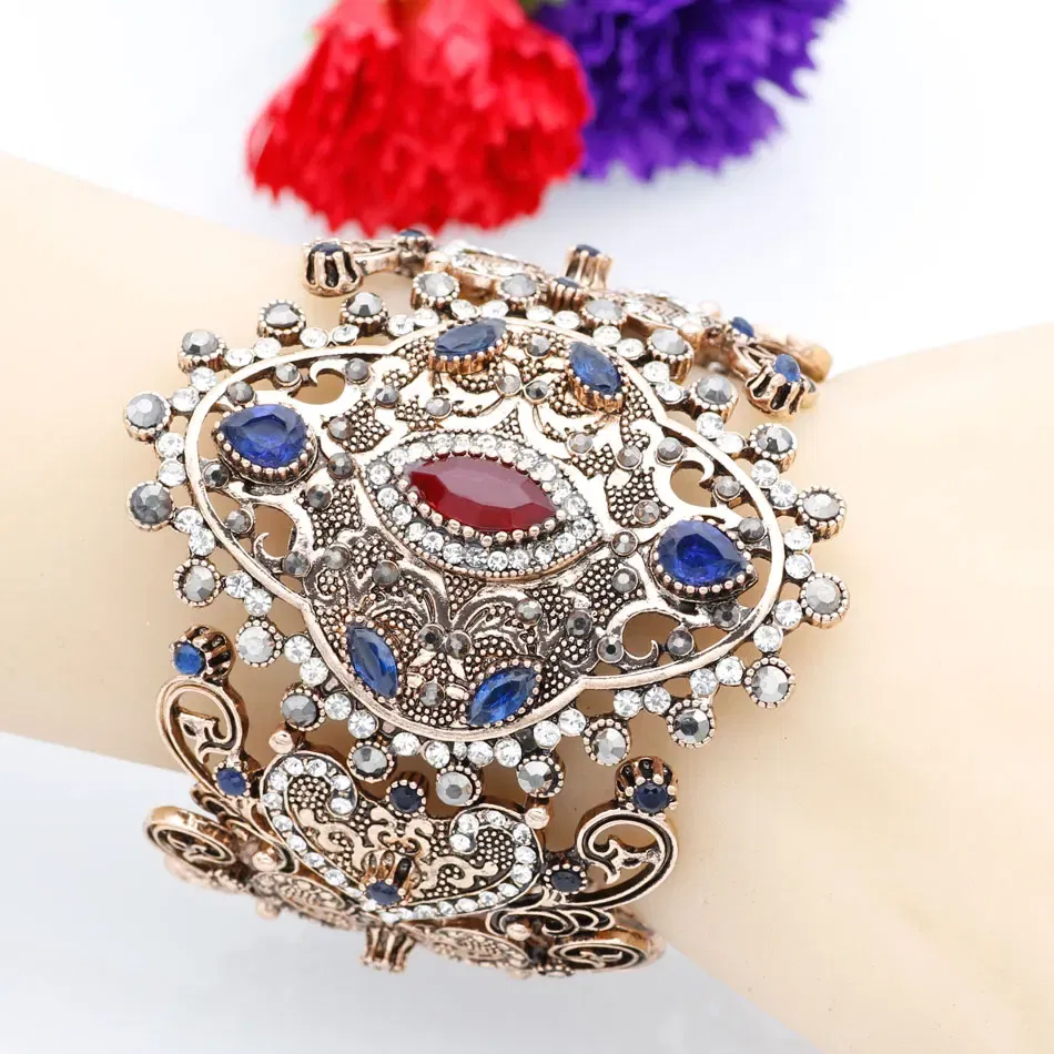 Metal Color: Antique Silver Plated, Diameter: 58-60mm - Sunspicems Charm Retro Indian Bangle Cuff Bracelet For Women Gold Color Turkish Big Bracelet Bride Wedding Jewelry Accessories
