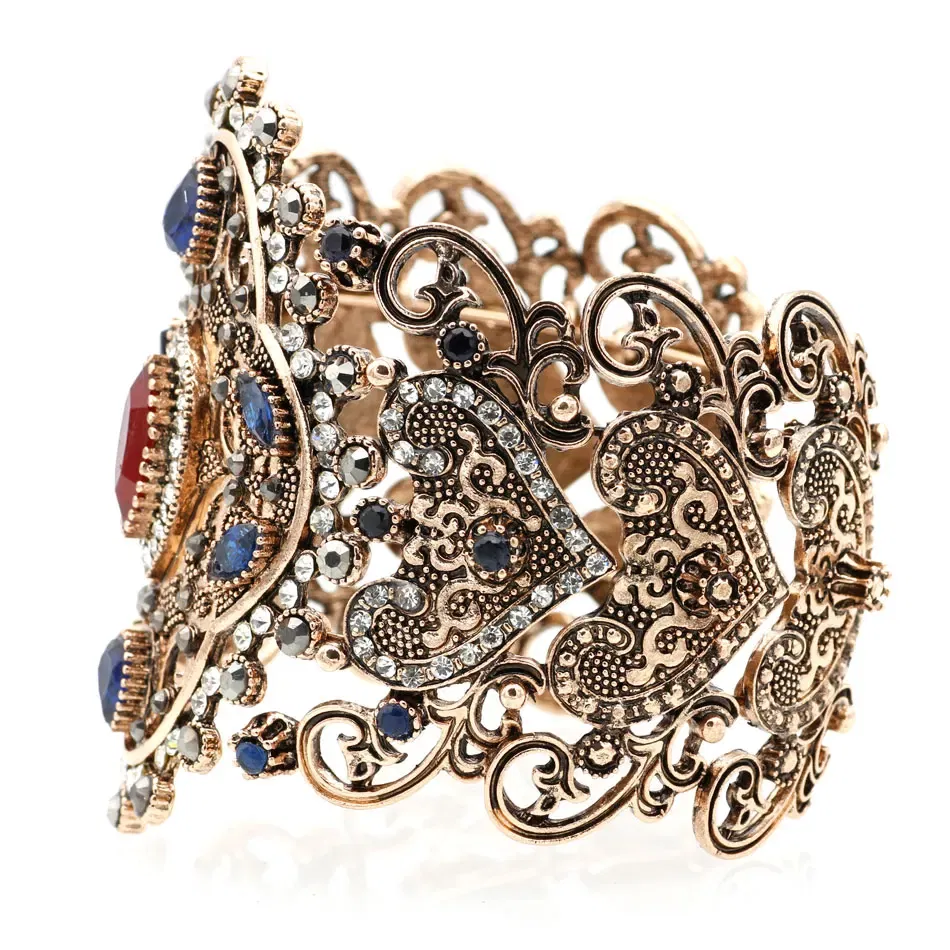 Metal Color: Antique Silver Plated, Diameter: 58-60mm - Sunspicems Charm Retro Indian Bangle Cuff Bracelet For Women Gold Color Turkish Big Bracelet Bride Wedding Jewelry Accessories