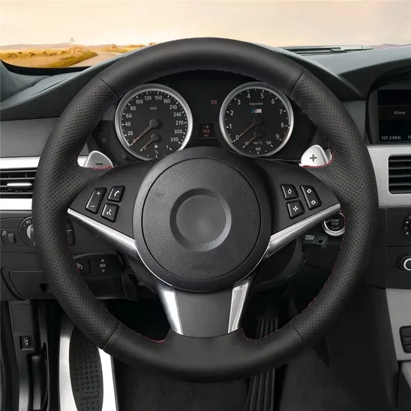 Color Name: black - Car Steering Wheel Cover For BMW E60 E61 530d 545i 550i E63 E64 630i 645Ci 650i Hand-stitched Microfiber Leather Interior