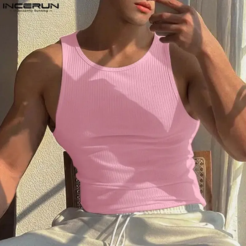 Color: Blue, Size: XL - INCERUN Men Tank Tops Solid Color O-neck Sleeveless Streetwear Summer Casual Vests Skinny 2023 Fashion Leisure Men Clothing 5XL