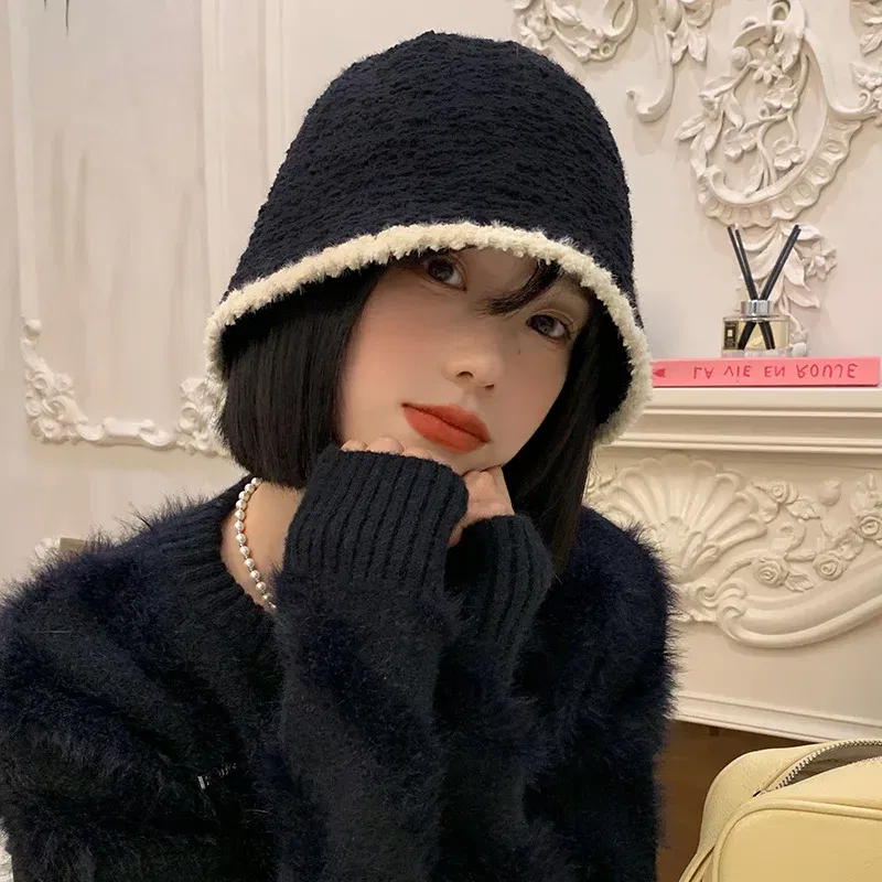 Color: black - COKK Bucket Hat Women Winter Knitted Casual Keep Warm Fishing Hat Female Thick Warm Fashion Design Korean Winter Cap Gorro New