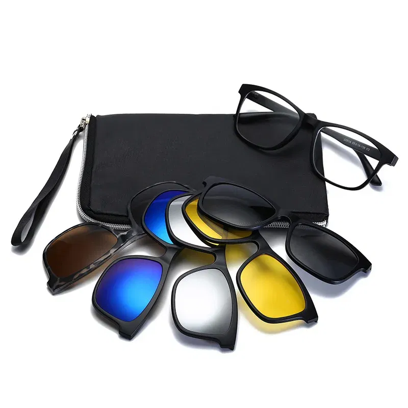 Lenses Color: Beige, Ships From: CHINA, Frame Color: WHITE - 6 In 1 Spectacle Frame Men Women With 5 PCS Clip On Polarized Sunglasses Magnetic Glasses Male Computer Optical 2201