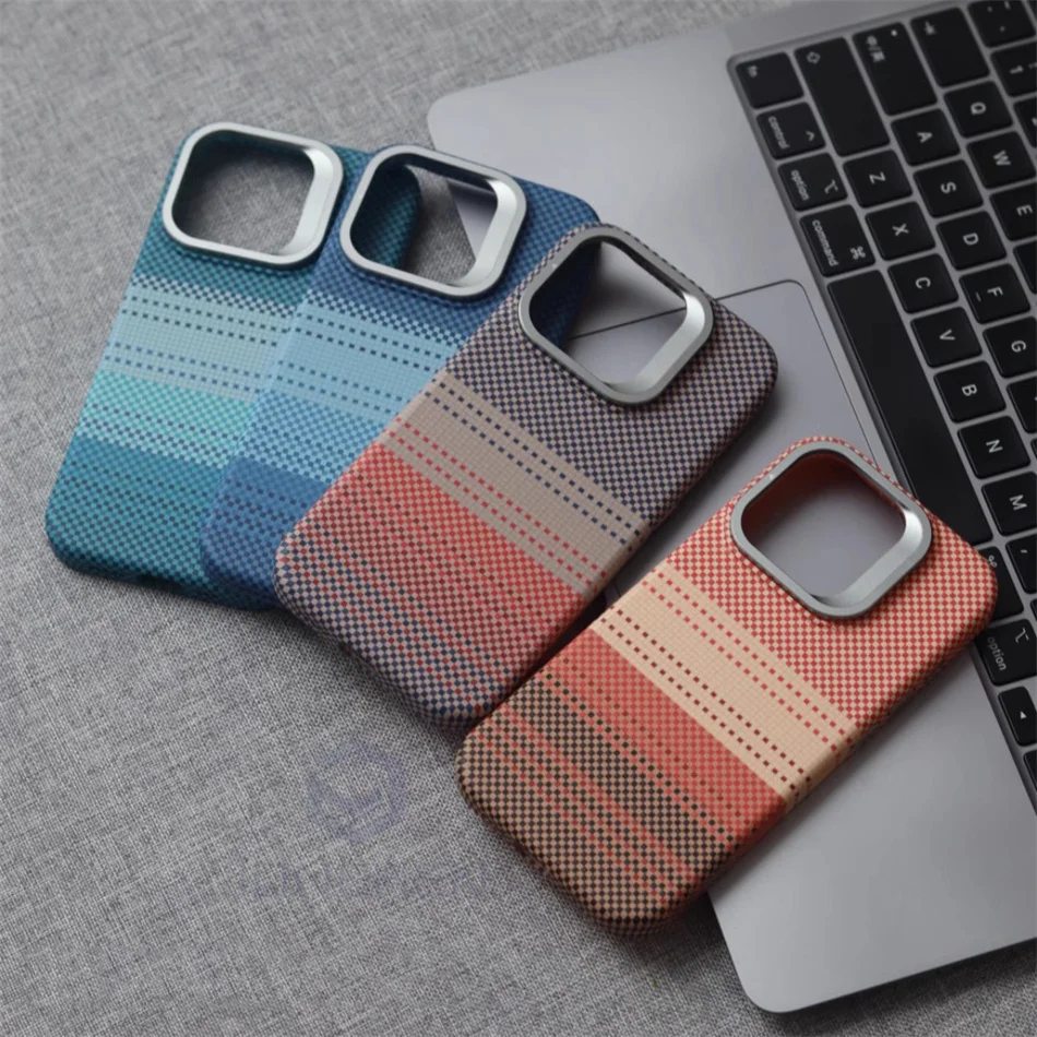 Color: Pink, Material: Nylon - Luxury Magnetic Stand Metal Lens Relief Carbon Fibre Pattern For Magsafe Case For iPhone 15 14 13 Pro Max Shockproof  Back Cover
