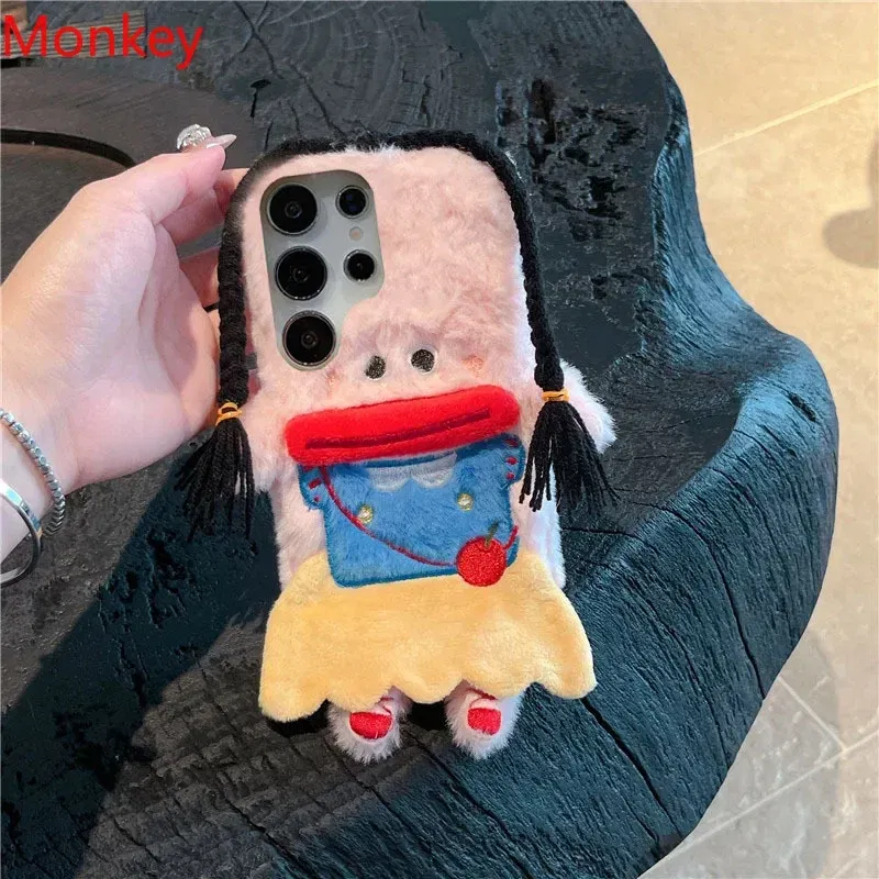 Material: POLYESTER, Color: Beige - 3D Cartoon Braided Girl Silicone Phone Cases For Google Pixel 9 Pro XL 8 5G 7 6 8A 7A 6A Cute Warm Fur Sausage Mouth Cover Gift