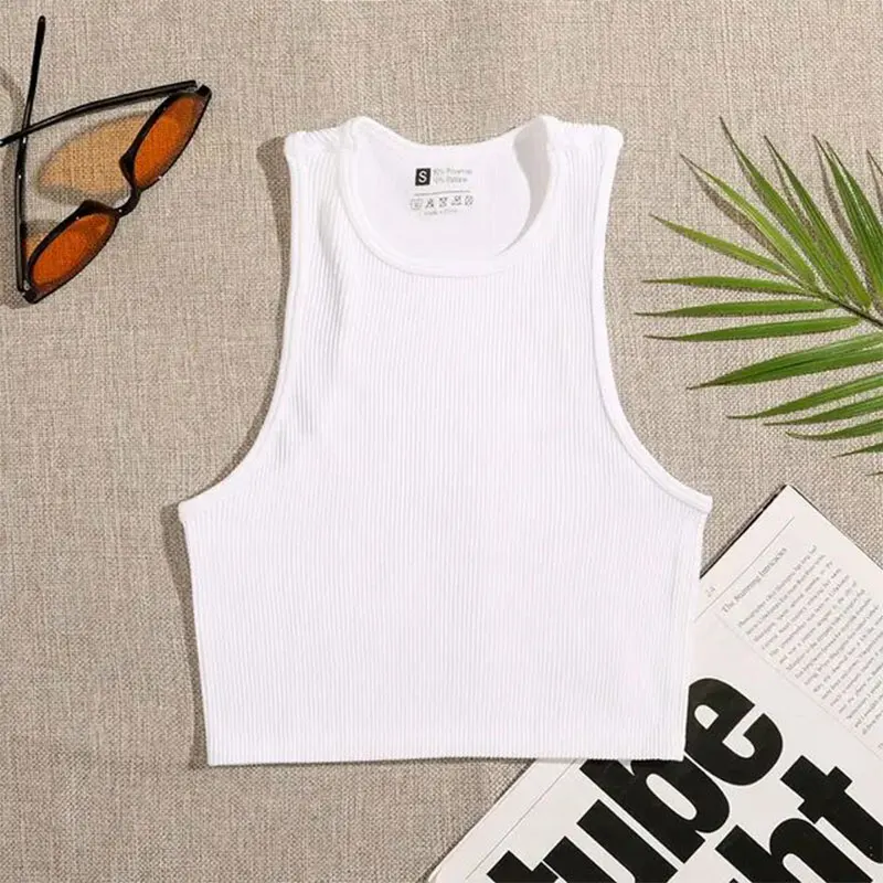 Size: M, Color: WHITE - Women's Yoga Vest Seamless Ribbed Knit Fitness Running Vest Sports Bra Vest Without Padding Women's Vest