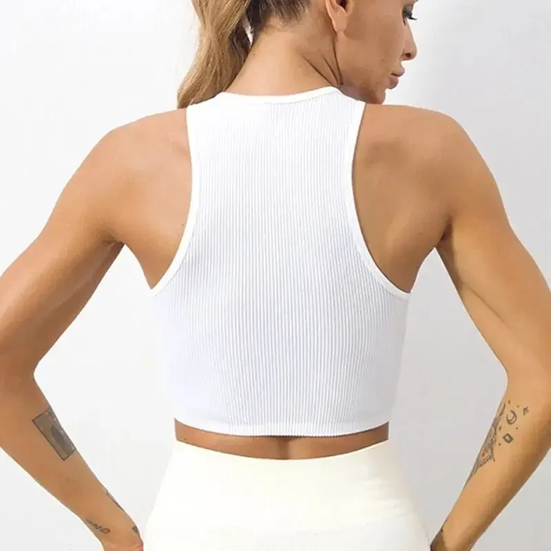 Size: M, Color: WHITE - Women's Yoga Vest Seamless Ribbed Knit Fitness Running Vest Sports Bra Vest Without Padding Women's Vest