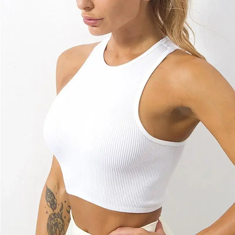 Size: M, Color: WHITE - Women's Yoga Vest Seamless Ribbed Knit Fitness Running Vest Sports Bra Vest Without Padding Women's Vest