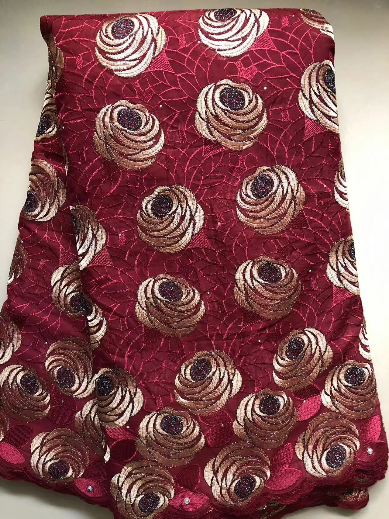 Color: Red, Length: 5 yards, Width: 120cm - Nigerian Cotton Voile Lace Fabrics With Stones 2024 African Swiss Voile Lace Fabric For Wedding Sewing Women Wedding Party Dress