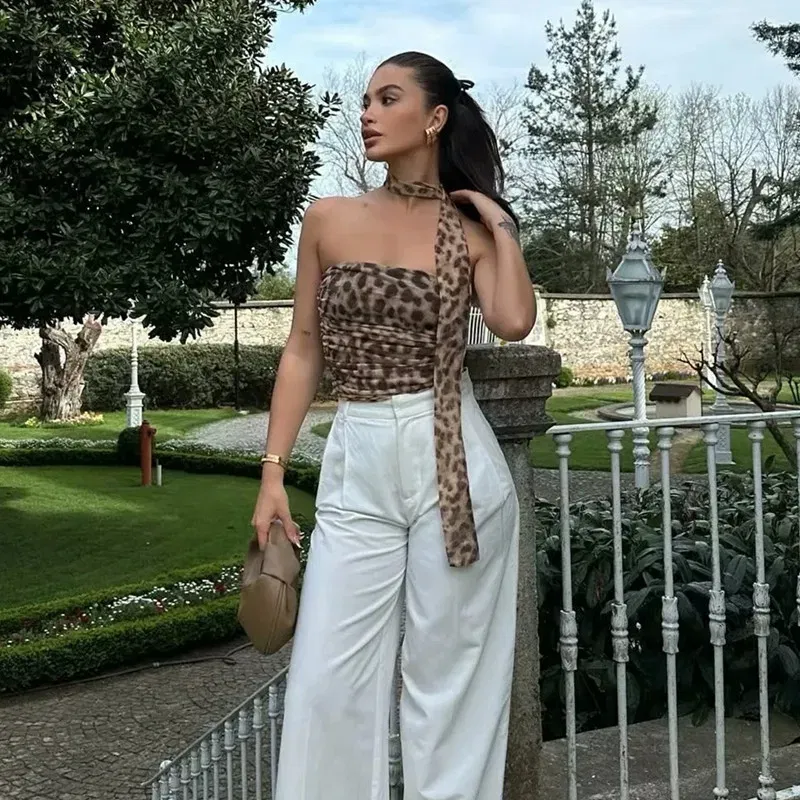 Color: black, Size: S - TRAF 2024 Woman Off Shoulder Tulle Crop Top Women Ruched Leopard Print Sexy Tube Tops Summer Sleeveless Backless Bandeau Top