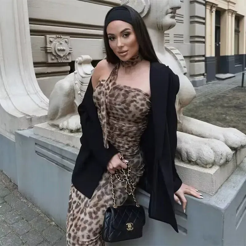 Color: black, Size: S - TRAF 2024 Woman Off Shoulder Tulle Crop Top Women Ruched Leopard Print Sexy Tube Tops Summer Sleeveless Backless Bandeau Top