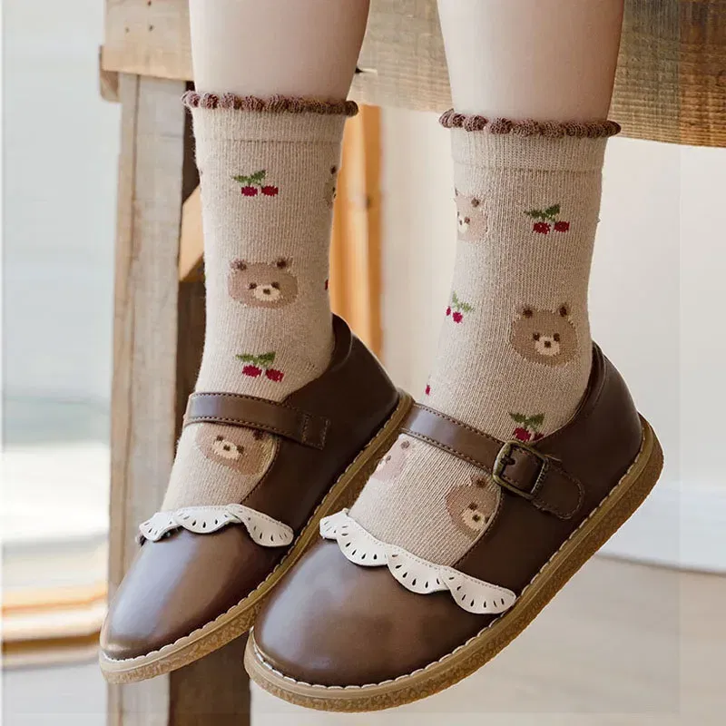 Color: Beige, Size: 4-6T - Autumn Winter Children's Socks Cute Coffee Bear Cartoon Cotton Socks Baby Girls 5 Pairs Mid Calf Socks