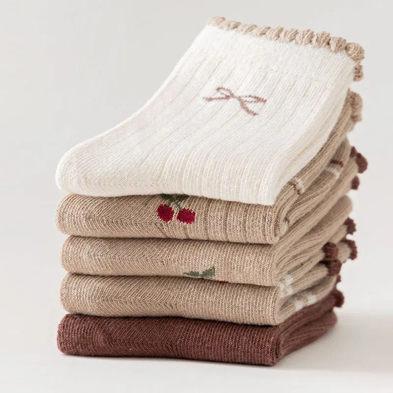 Color: Beige, Size: 4-6T - Autumn Winter Children's Socks Cute Coffee Bear Cartoon Cotton Socks Baby Girls 5 Pairs Mid Calf Socks