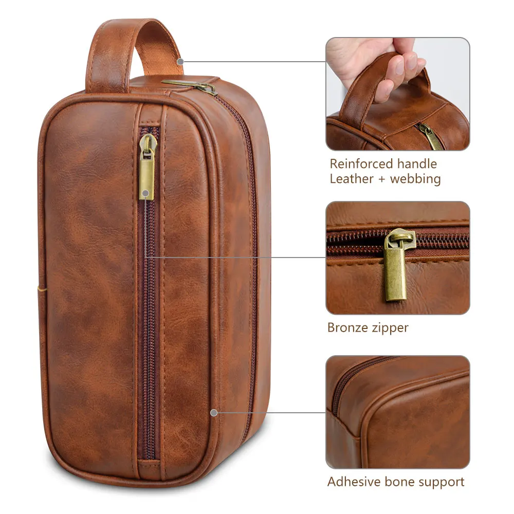Color: Blue - Men Leather Wash Bag Travel Business Trips Portable Cosmetic Bag Large Capacity Multi Pocket Design Handheld Leather Wash Bag