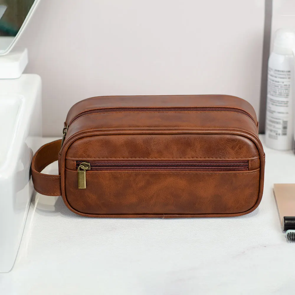Color: Blue - Men Leather Wash Bag Travel Business Trips Portable Cosmetic Bag Large Capacity Multi Pocket Design Handheld Leather Wash Bag