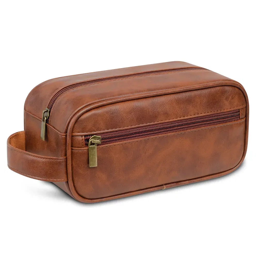 Color: Blue - Men Leather Wash Bag Travel Business Trips Portable Cosmetic Bag Large Capacity Multi Pocket Design Handheld Leather Wash Bag