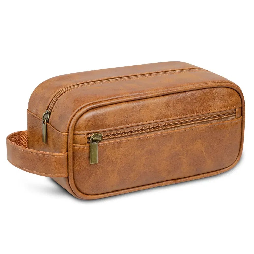 Color: Blue - Men Leather Wash Bag Travel Business Trips Portable Cosmetic Bag Large Capacity Multi Pocket Design Handheld Leather Wash Bag