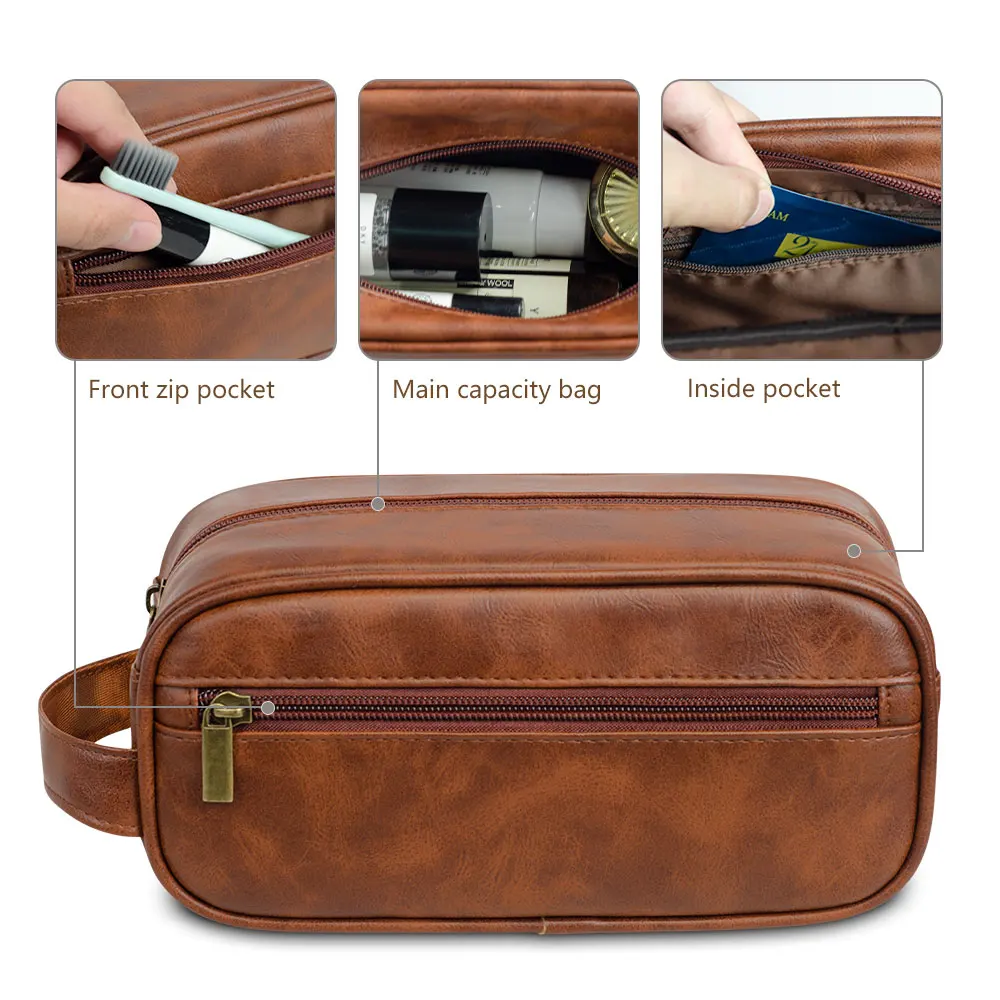 Color: Blue - Men Leather Wash Bag Travel Business Trips Portable Cosmetic Bag Large Capacity Multi Pocket Design Handheld Leather Wash Bag