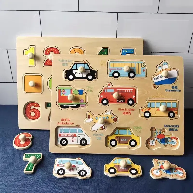 Color: WHITE - Baby Wooden Puzzles Montessori Toys 1 2 Years Toddler Toys Hand Grab Board Alphabet Number Cognition Learning Educational Toys
