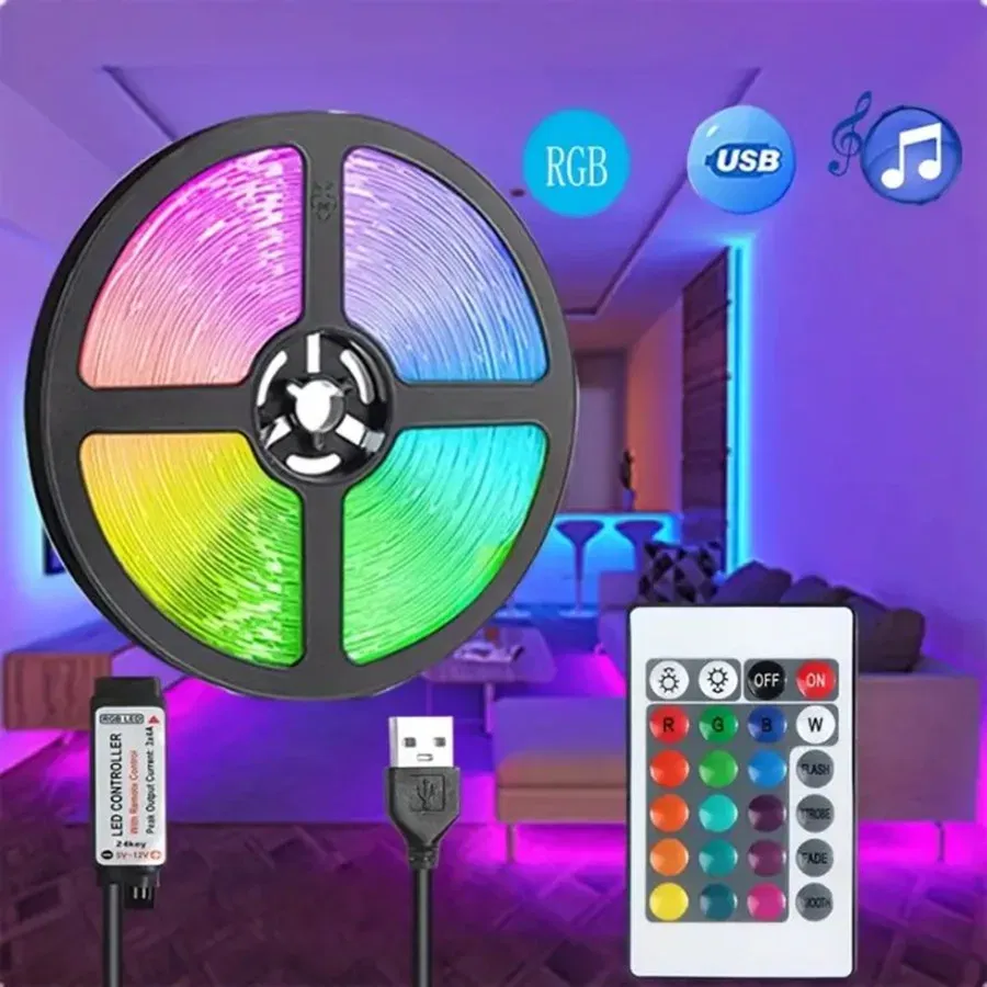 Emitting Color: RGB, Length: 10m - 5V USB LED Lights Strips RGB SMD5050 Christmas Festoon 24Key Remote Control Backlight Flexible Lamp Tape Gaming Room Decoration