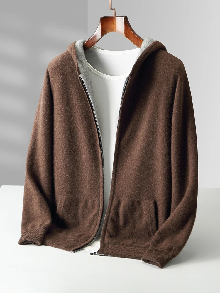 Color: black, Size: M - Reversible Men's Wool Cardigan Sweater Autumn Winter Hooded Solid 100% Merino Wool Knitted Casual Simple Man Jackets Thick Warm