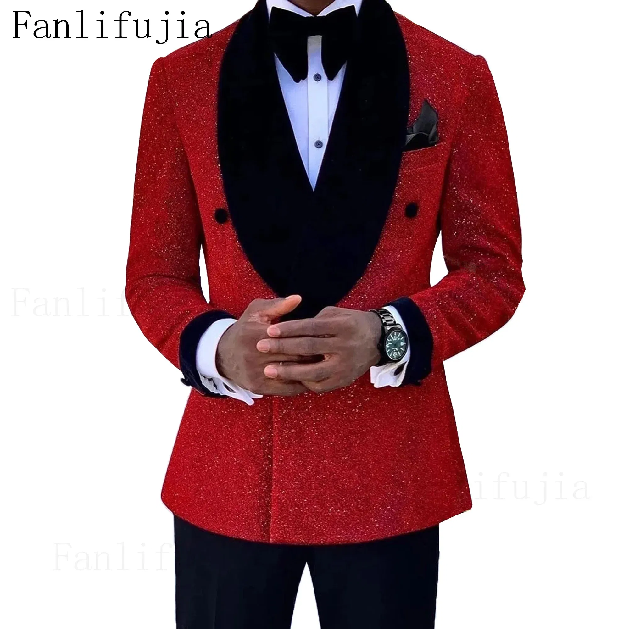 Color: Burgundy, Size: XXXL - Fanlifujia Luxury Red Glitter Suits Men Groom Wedding Tuxedo Double Breasted Blazer Formal Evening Party Prom Dress 2 Pieces Set