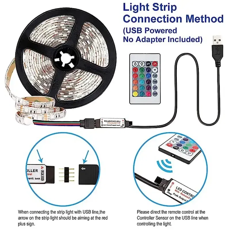 Emitting Color: RGB, Length: 5m - 5V USB LED Lights Strips RGB SMD5050 Christmas Festoon 24Key Remote Control Backlight Flexible Lamp Tape Gaming Room Decoration