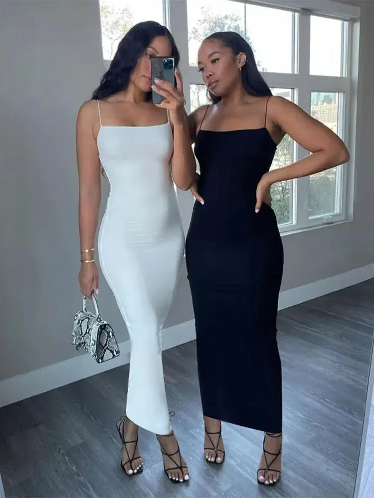 Color: WHITE, Size: M - Hawthaw Women Sexy Party Club Evening Streetwear Bodycon Black Long Dress 2024 Summer Clothes Wholesale Items For Business D1758