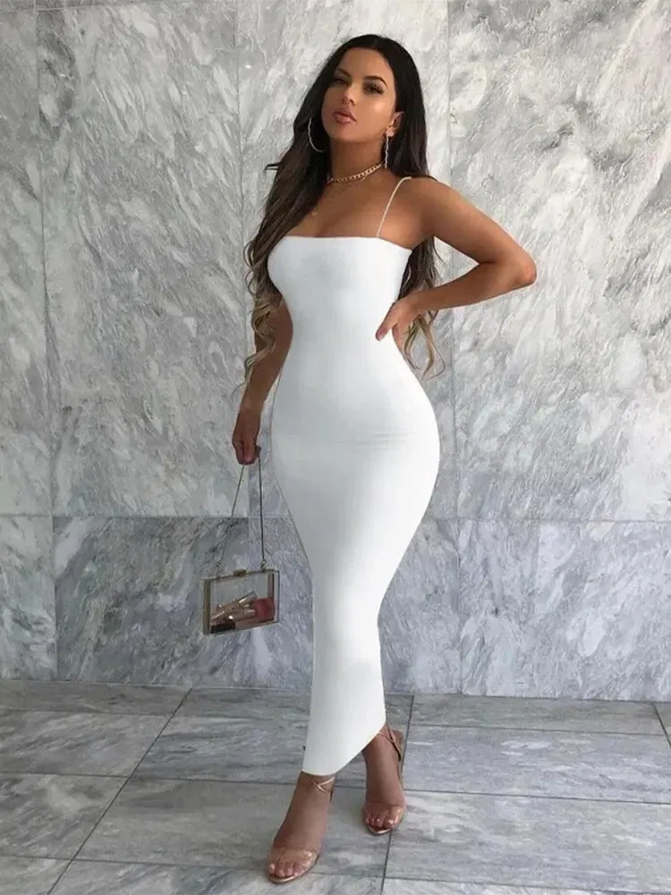 Color: WHITE, Size: M - Hawthaw Women Sexy Party Club Evening Streetwear Bodycon Black Long Dress 2024 Summer Clothes Wholesale Items For Business D1758
