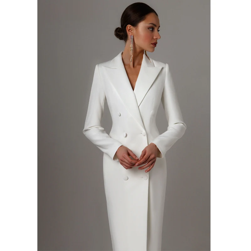 Color: Beige, Size: S - Women's Suit Long Blazer Double Breasted Jacket White Tuxedo Party Point Lapel Clothes спор?‚ивн?‹й кос?‚юм ?¶?µнск