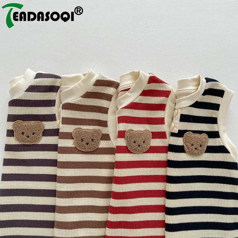 Summer Newborn Sleeveless Knit Bodysuits Striped Jumpsuits Cotton Cartoon Bear Baby Girls Boys Romper Kids Infant Clothing 0-2Y
