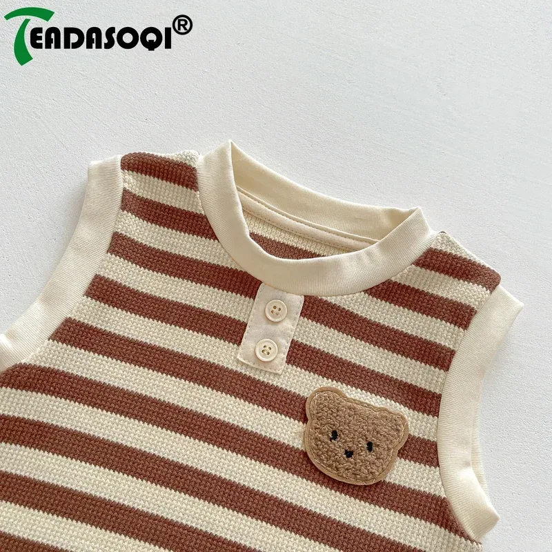 Summer Newborn Sleeveless Knit Bodysuits Striped Jumpsuits Cotton Cartoon Bear Baby Girls Boys Romper Kids Infant Clothing 0-2Y