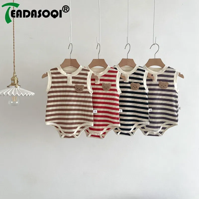 Summer Newborn Sleeveless Knit Bodysuits Striped Jumpsuits Cotton Cartoon Bear Baby Girls Boys Romper Kids Infant Clothing 0-2Y