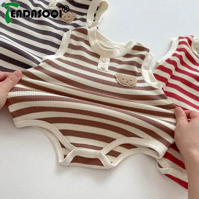 Summer Newborn Sleeveless Knit Bodysuits Striped Jumpsuits Cotton Cartoon Bear Baby Girls Boys Romper Kids Infant Clothing 0-2Y