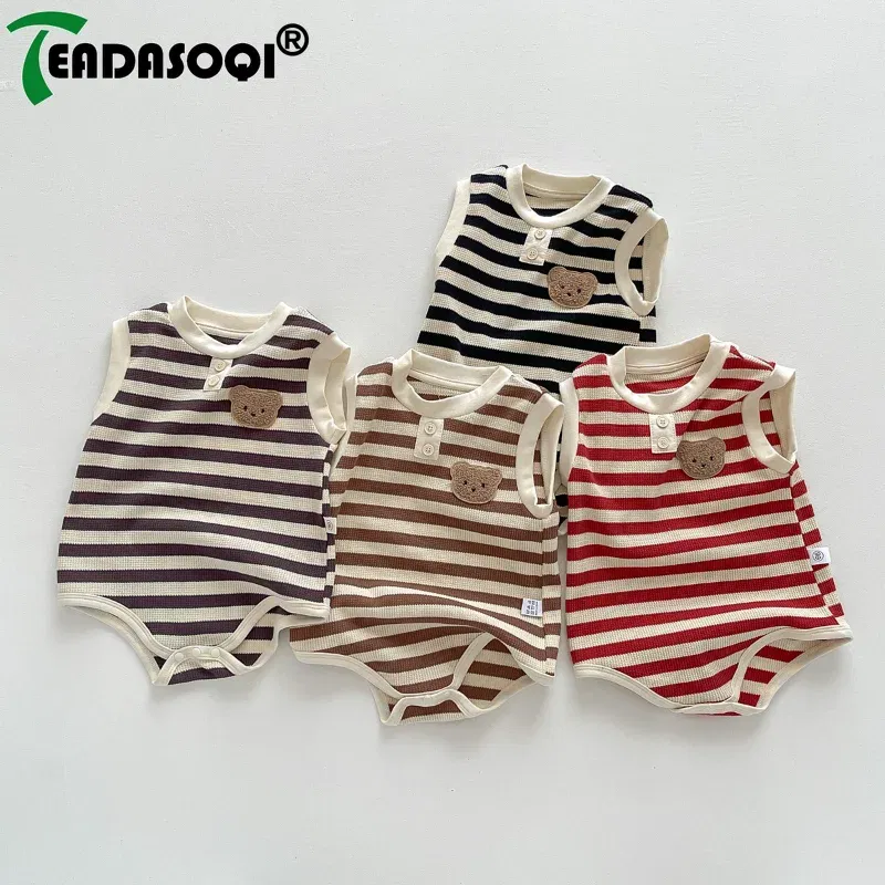 Summer Newborn Sleeveless Knit Bodysuits Striped Jumpsuits Cotton Cartoon Bear Baby Girls Boys Romper Kids Infant Clothing 0-2Y