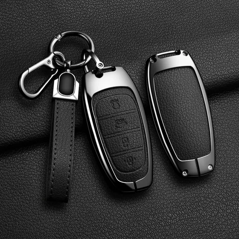 Color Name: Blue - New Auto Alloy Car Key Case Cover Fob for Hyundai Solaris Sonata Hybrid NEXO NX4 New Grand Santa Fe Tucson 2020-2024 Accessories