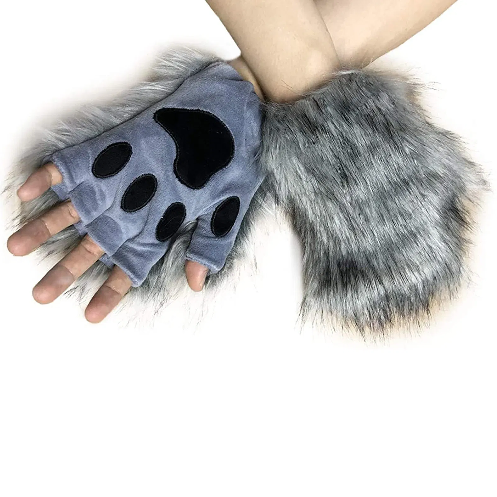 Color: green, Gloves Size: One Size - Wolf Paw Gloves Faux Fur Cat Fingerless Mittens Winter Warm Cosplay Halloween Fancy Party Costume Accessories