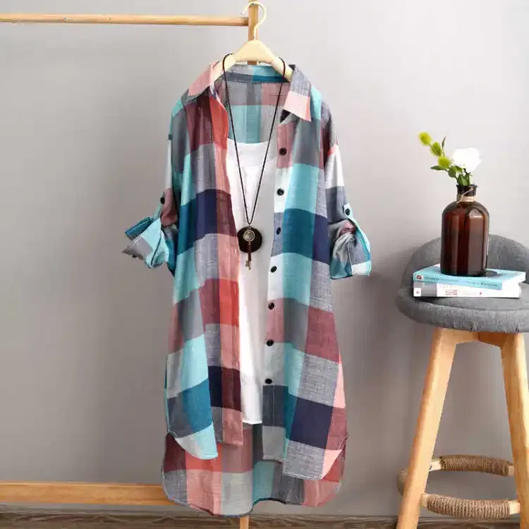 Color: MULTI, Size: S - Women's Plaid Cotton Shirt Chic Women Blouse Elegant and Youth Women's Blouses New In External Clothes Korean Style