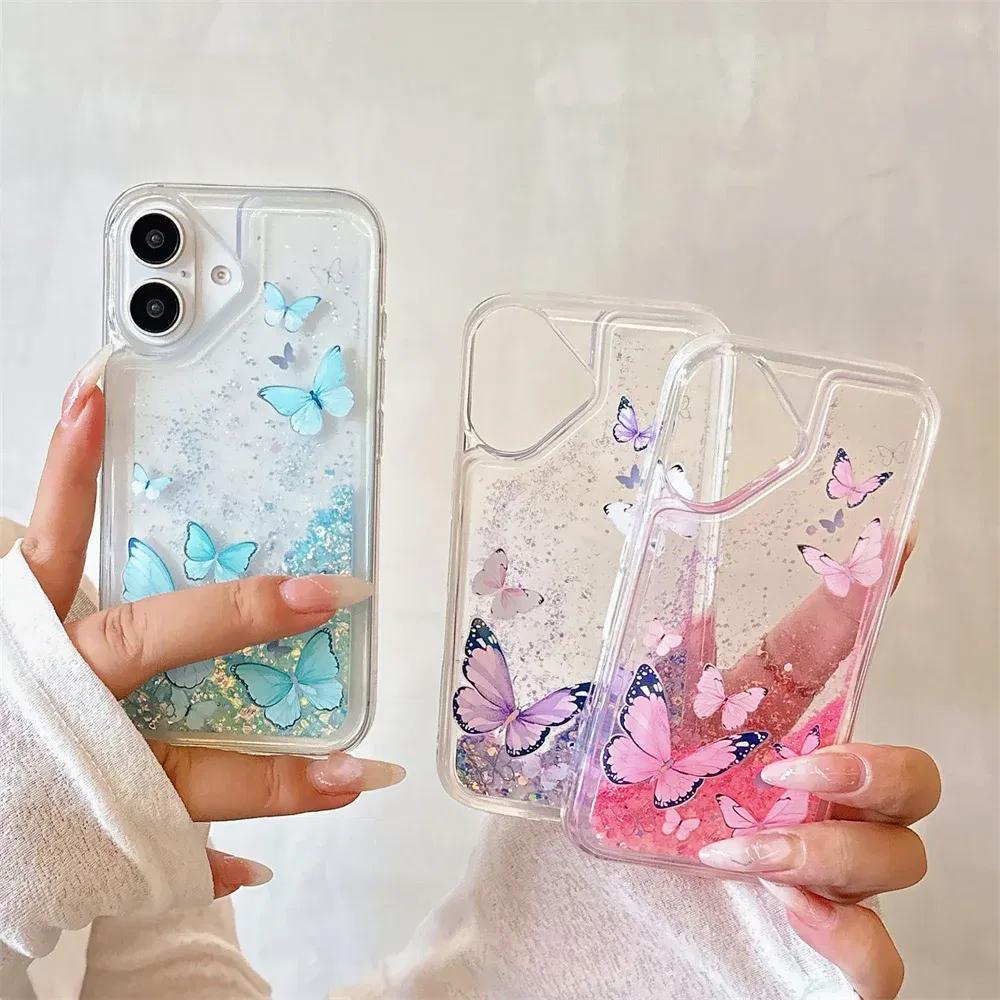 Color: Blue, Material: Wood - Luminous Quicksand Glitter Butterfly Case for iPhone 16 15 14 Pro Max Plus 13 12 Mini 11 X Xs XR Soft Silicone Bling Shiny Cover