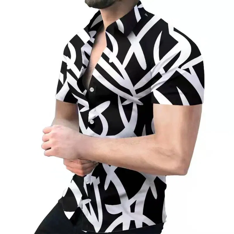 Color: Beige, Size: M - 3D Men's Striped Printed Short Sleeve Shirt, Fashionable And Casual Loose Shirt, 2023 New Style.